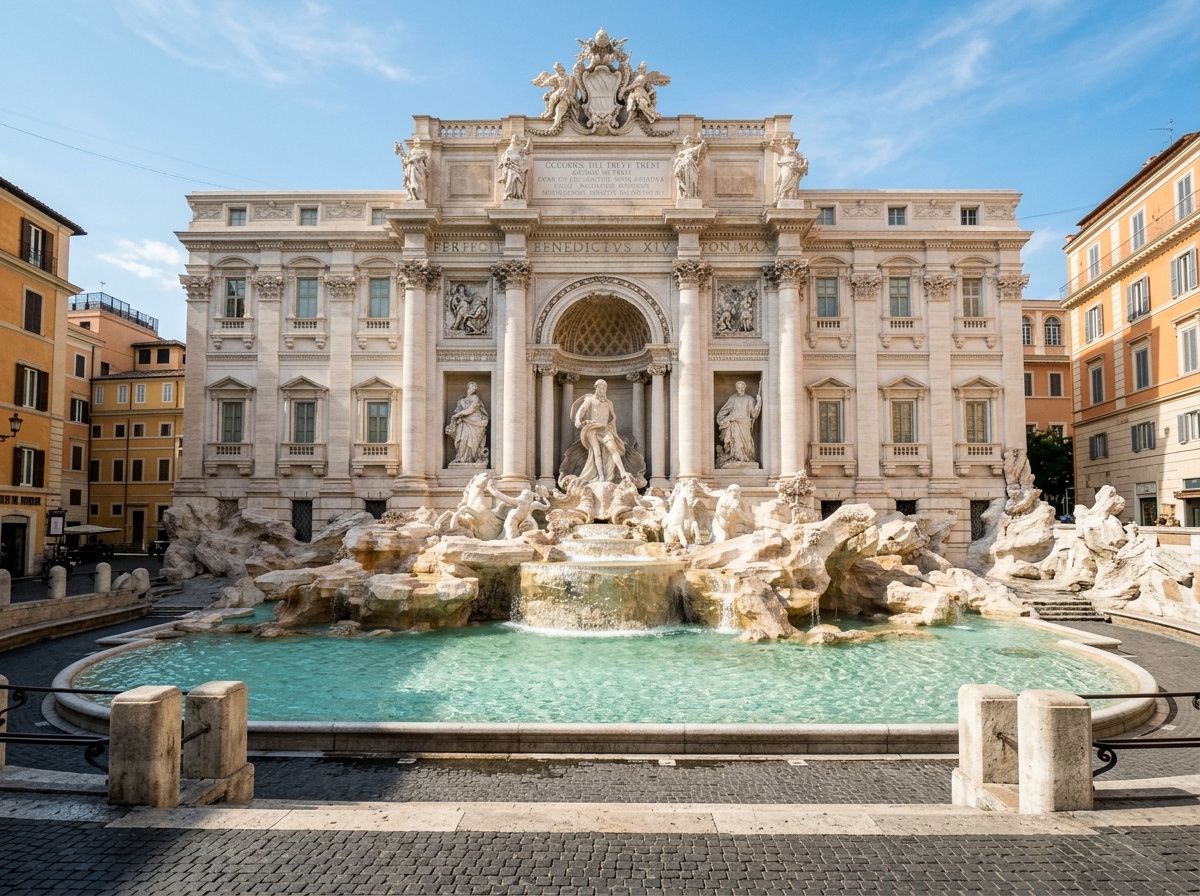 The Trevi Fountain in Rome with no people on a sunny afternoon