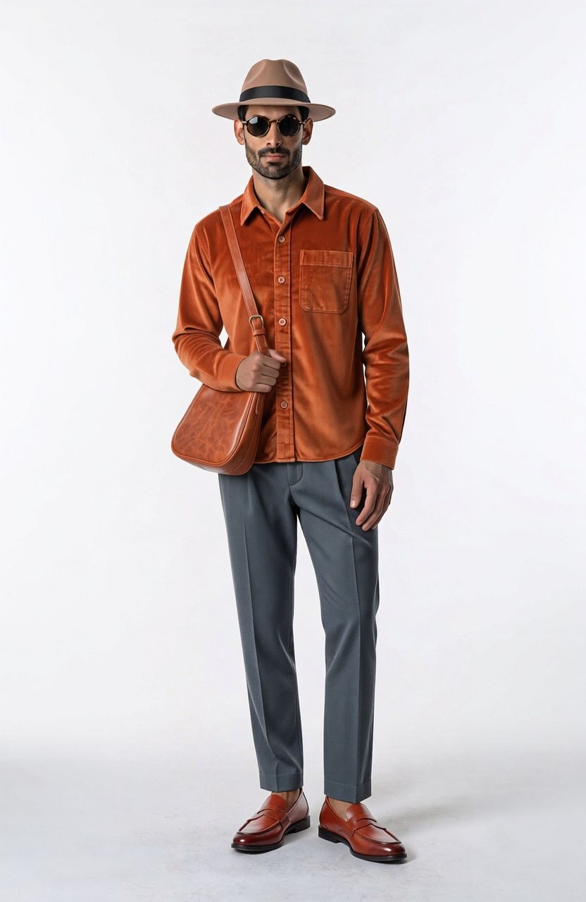 A man wearing a brown fedora, round sunglasses, a rust corduroy overshirt, grey trousers, brown loafers, and a leather crossbody bag
