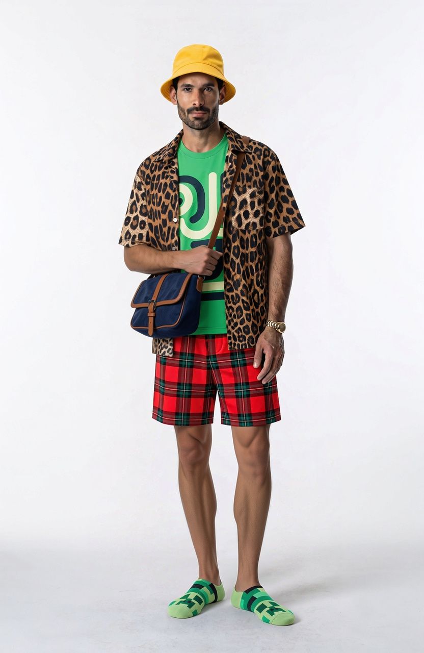 The same seven-garment outfit with the shoes left out, now wearing the green pixel-art socks