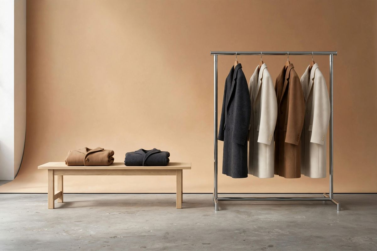 A wide studio scene with a chrome rail of wool overcoats standing to the right of a pale oak bench, two coats folded on the bench, and empty sand-coloured backdrop on the left