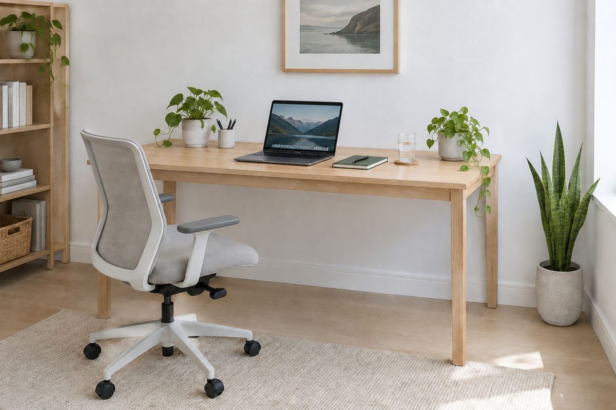 The same desk with a potted plant with trailing leaves standing at the right end of the desk, its stems hanging over the edge, everything else unchanged