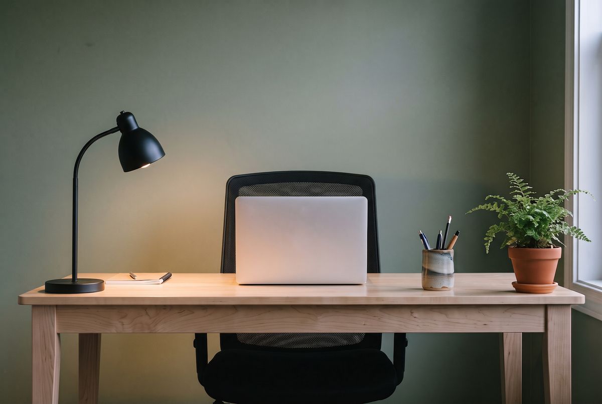 The same desk with a matte black desk lamp with an arched arm switched on at the left, casting a warm pool of light on the desk and a soft glow on the green wall