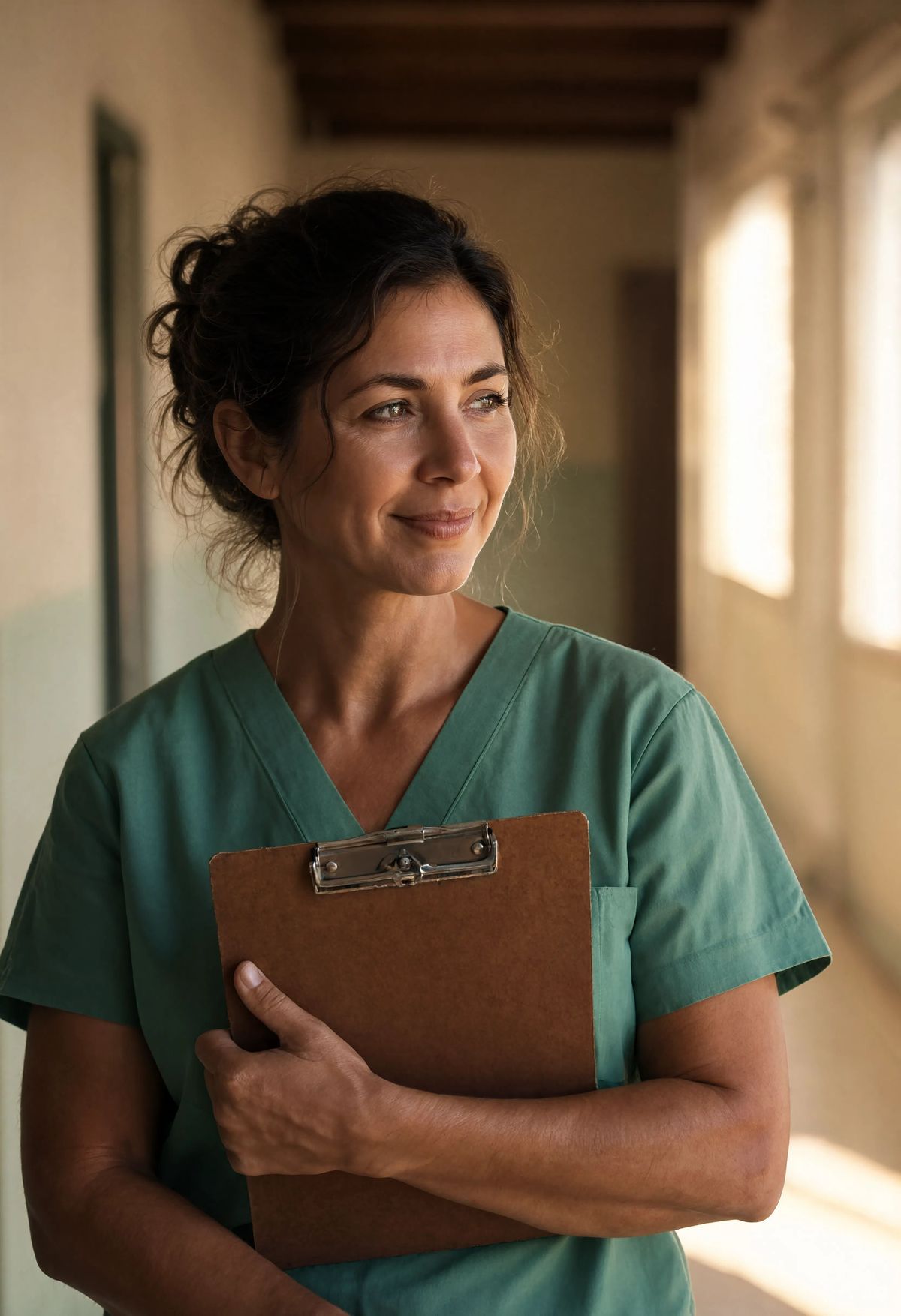 A photojournalistic portrait of a midwife in her mid-forties in sage-green cotton scrubs, standing in the sunlit corridor of a rural clinic and holding a clipboard against her chest, natural side window light softening across her face