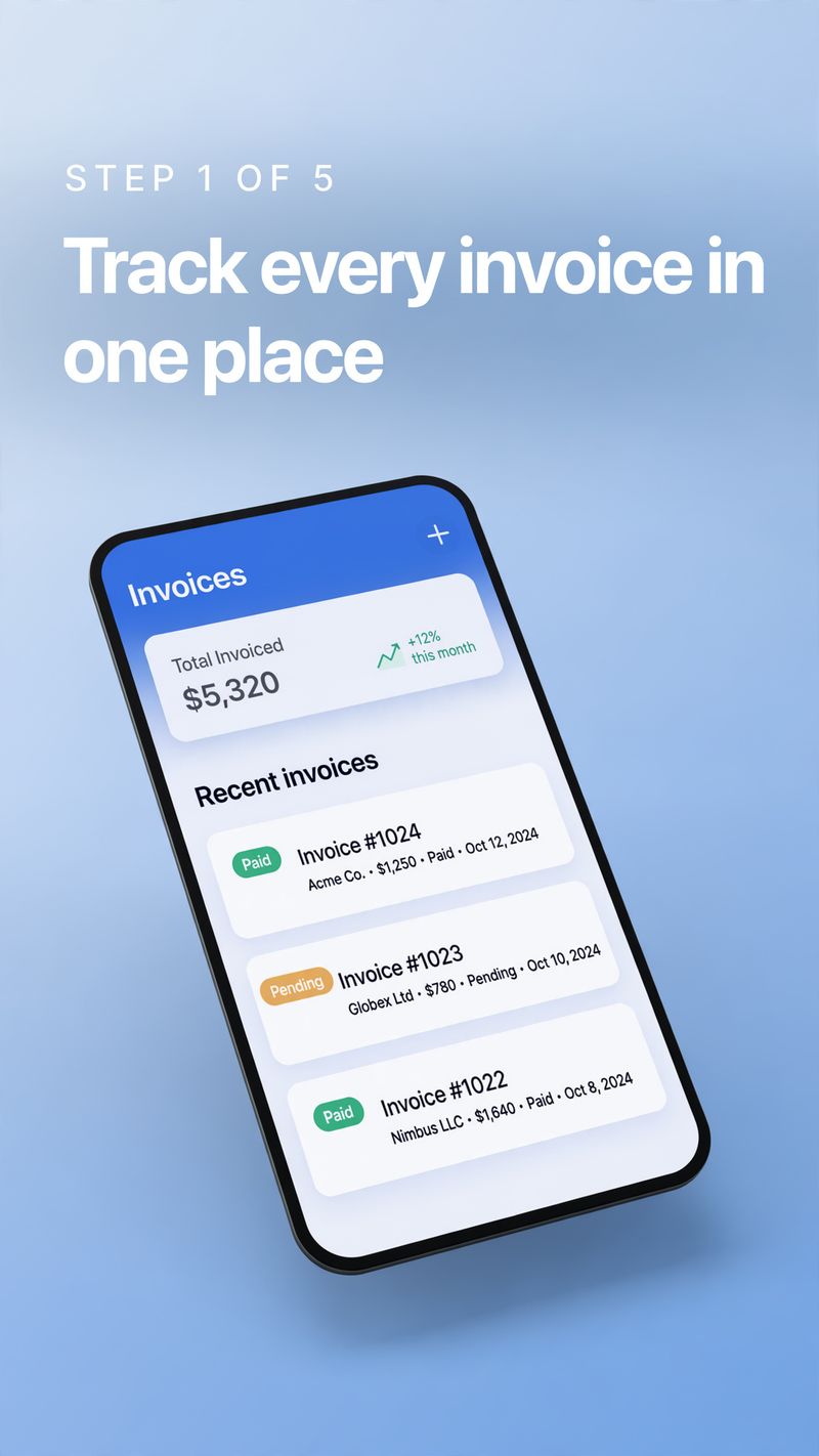 A vertical app store screenshot frame on a blue gradient with Step 1 of 5 in small white capitals above Track every invoice in one place in bold white type, and a tilted phone mockup showing an invoicing dashboard below