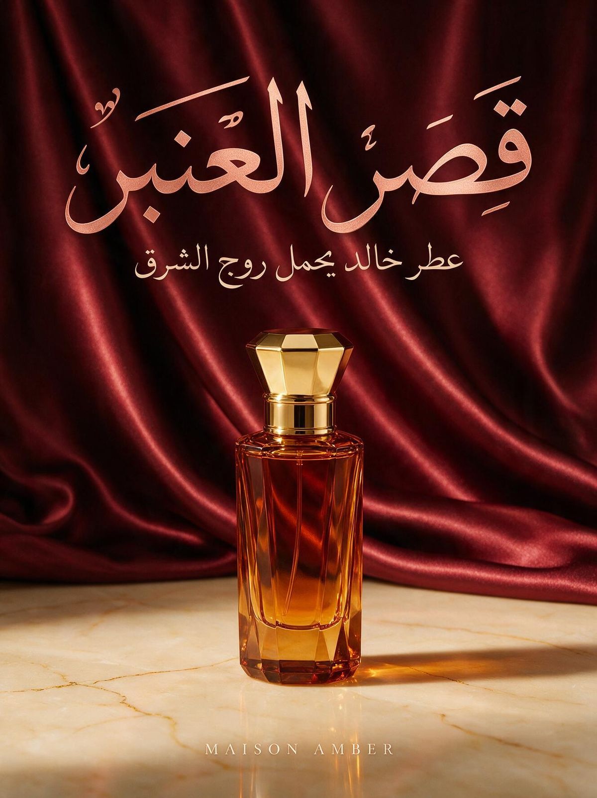 An Arabic luxury fragrance advertisement with a faceted amber perfume bottle on cream marble, the Arabic brand name and tagline rendered in elegant calligraphy in warm rose gold