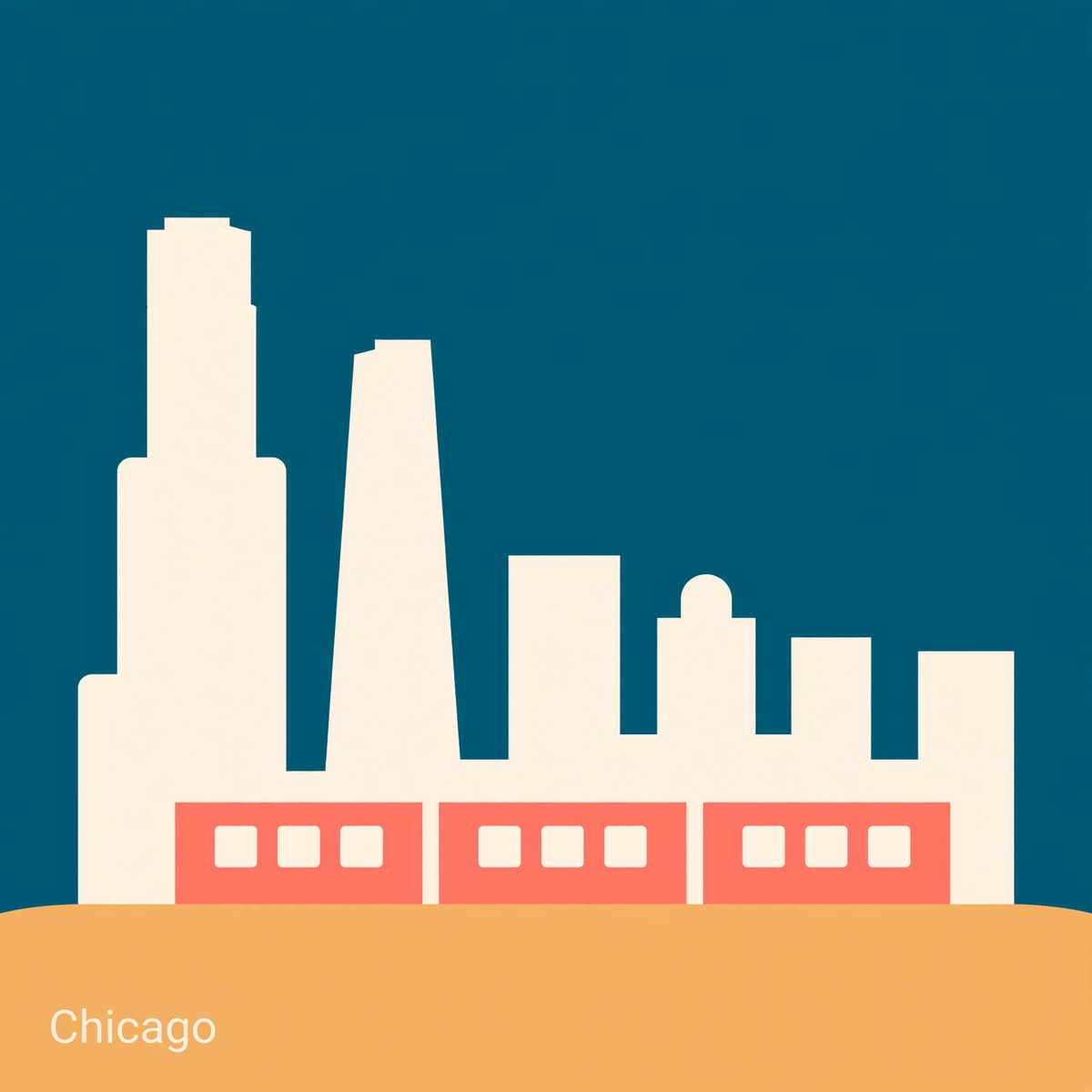 A square app card of the Chicago skyline and an elevated train as flat geometric silhouettes in teal, sand, off-white and coral, with the city name small in the lower left