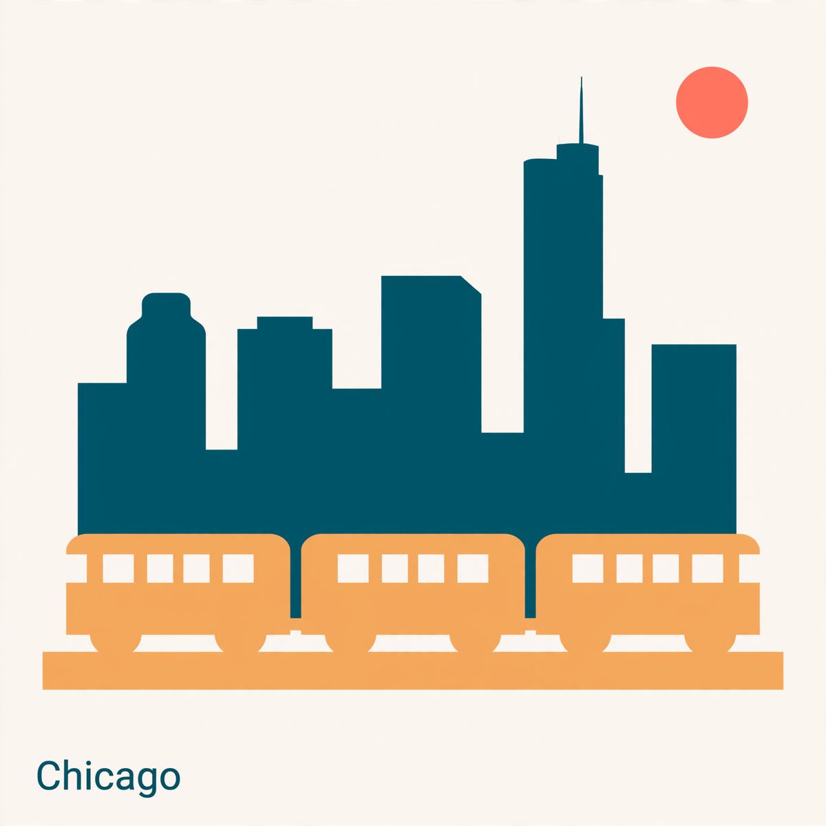 A square app card of the Chicago skyline and an elevated train rendered with gradient shading and modelled depth in the buildings, the city name small in the lower left