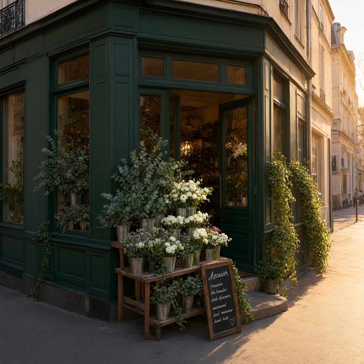 A green-painted corner florist shop with tiered stands of white flowers and eucalyptus in warm late-afternoon light