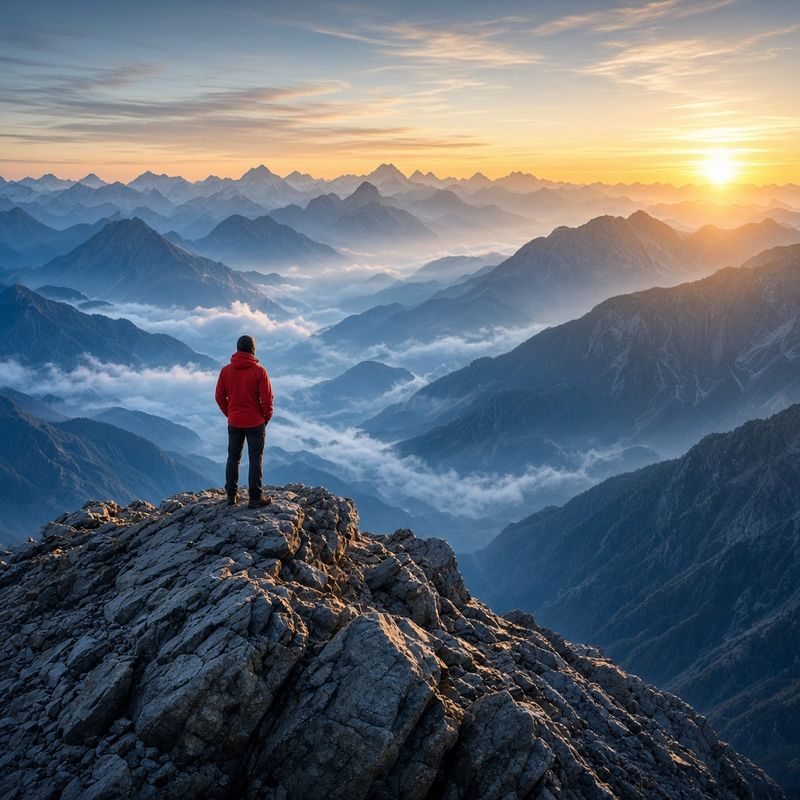 A square framing of the same hiker on the mountain ridge at sunrise, centered, with peaks around