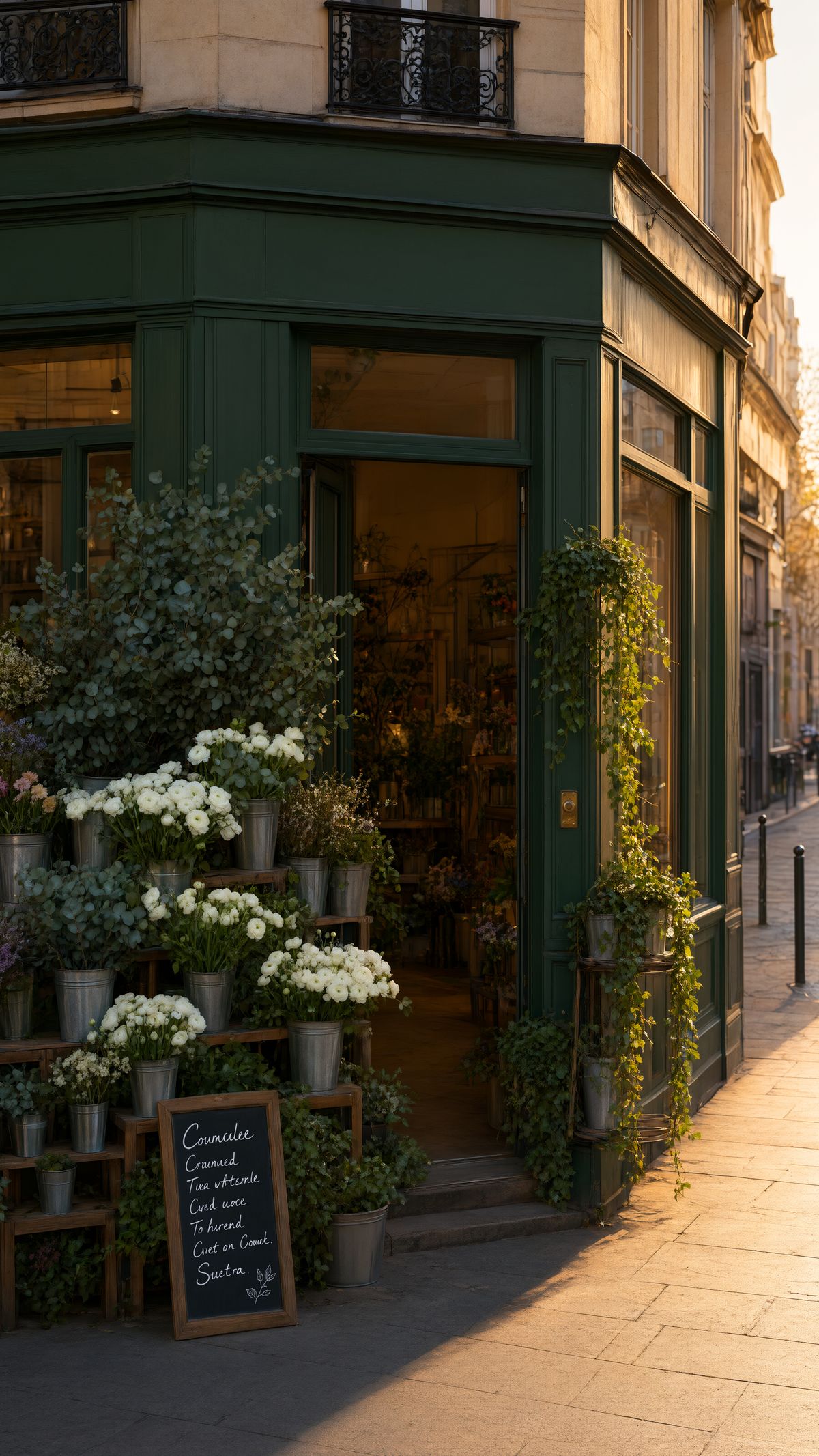 The same florist shop framed vertically, showing the upper storey of the building above the shopfront