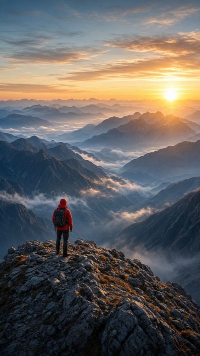 A tall vertical framing of the same hiker on the mountain ridge at sunrise, the ridge and mist stacked below