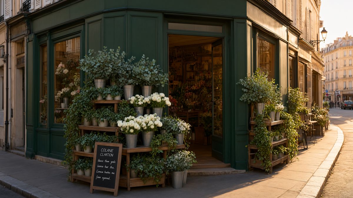 The same florist shop seen from further back, with the pavement and street receding to the right