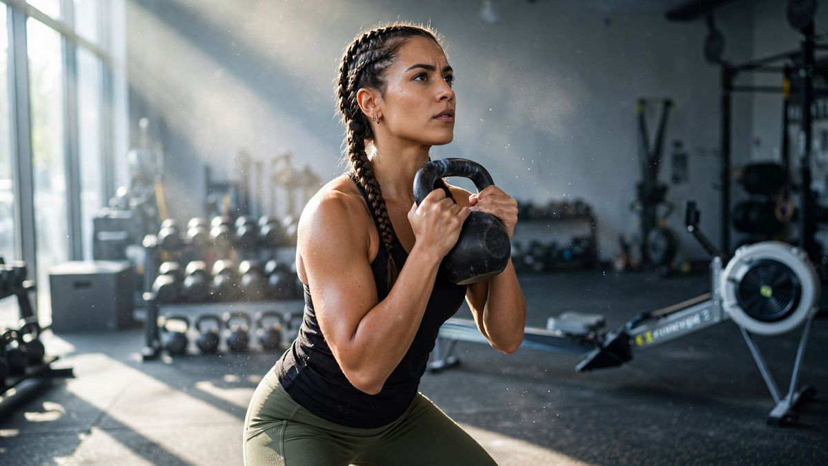 A woman in a black tank and olive leggings holding a kettlebell at chest height in a bright gym, with dumbbell racks and a rowing machine behind her and hard morning light across the rubber floor