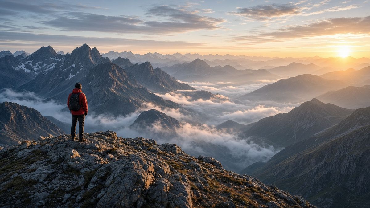 A wide landscape of a lone hiker in a red jacket on a mountain ridge at sunrise with a vast valley of blue peaks below
