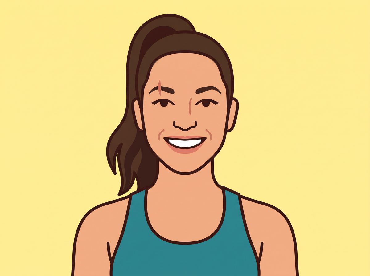 A flat vector head-and-shoulders avatar of the same woman with her high ponytail, the scar through one eyebrow, and a teal top on a pale yellow background