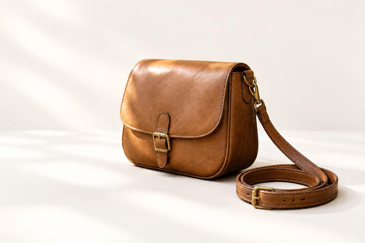 The same tan leather bag at the same angle with its strap coiled the same way, now sitting on a plain white surface against a seamless bone-white backdrop