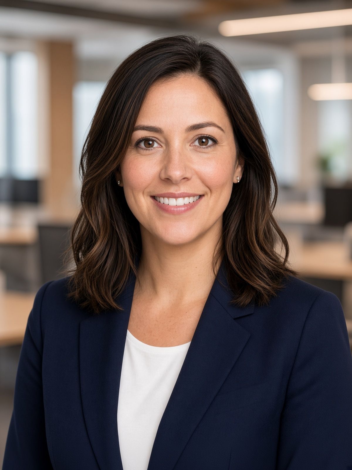 The same headshot with the grey backdrop replaced by a bright, softly defocused modern open-plan office