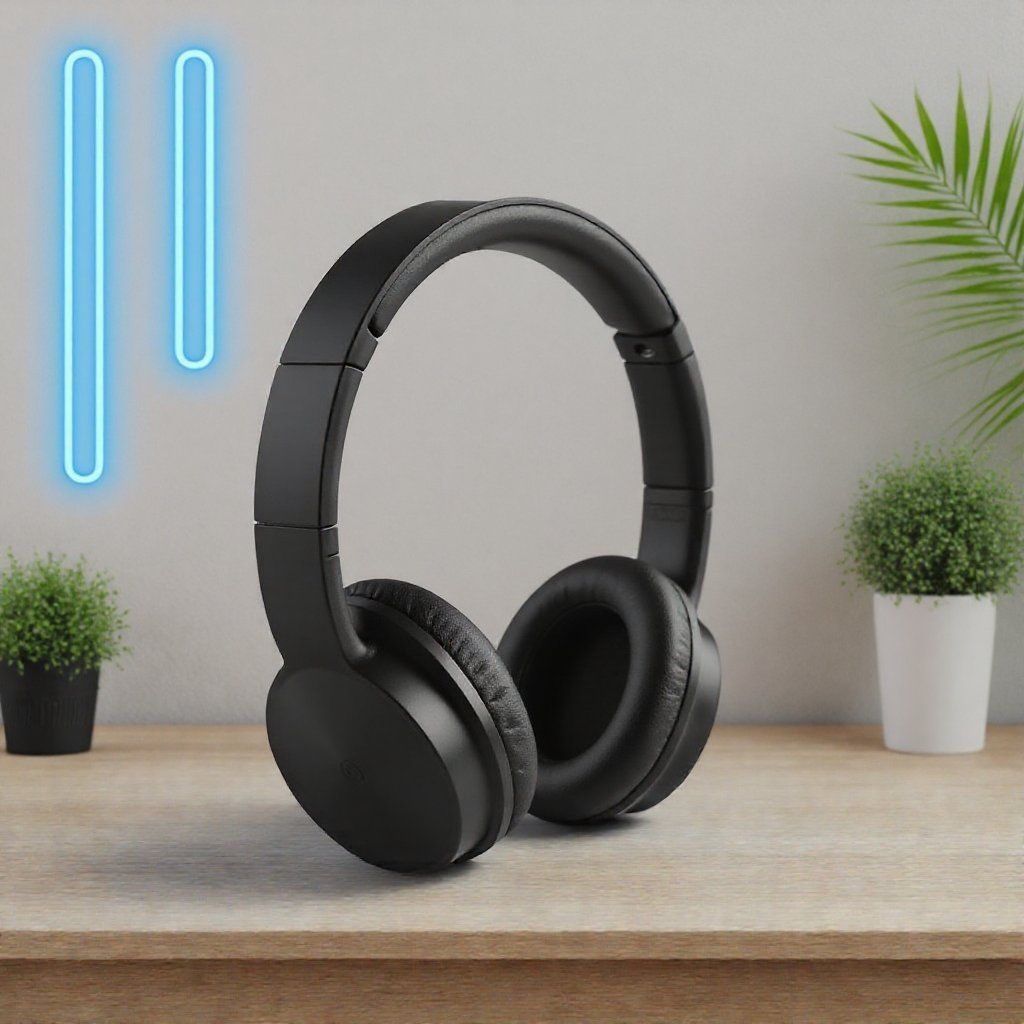 Headphones on wooden desk with neon lights