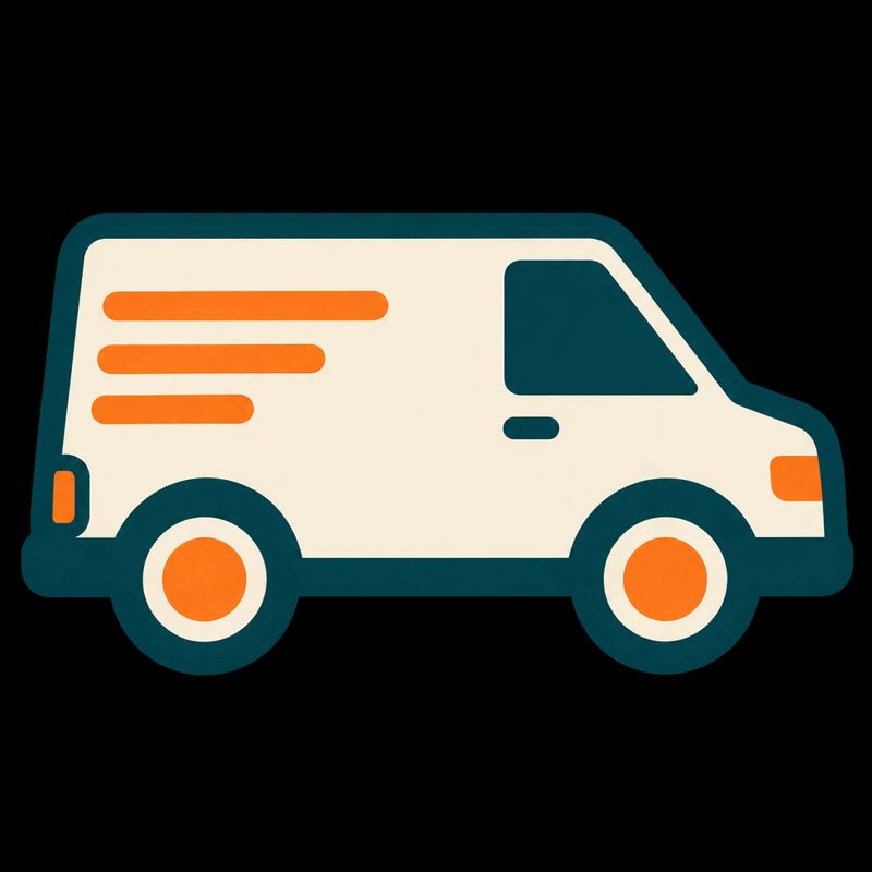 A flat vector badge icon of a side-on delivery van in deep teal, cream and warm orange with no background behind it
