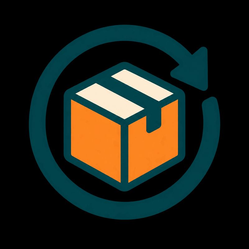 A flat vector badge icon of a circular arrow wrapping a parcel box in deep teal, cream and warm orange with no background behind it