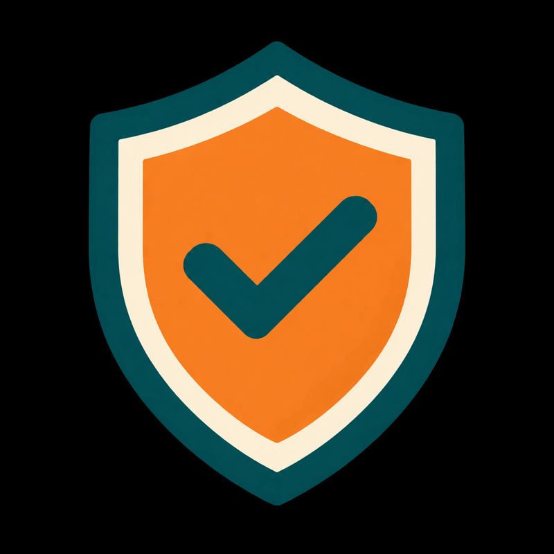 A flat vector badge icon of a shield containing a tick in deep teal, cream and warm orange with no background behind it