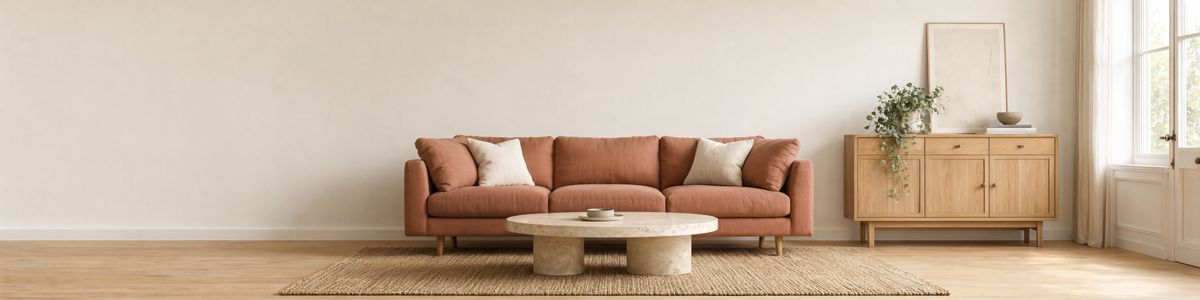 A long living room with empty warm white wall on the left, a terracotta sofa behind a travertine coffee table on a jute rug in the center, a pale oak sideboard with a trailing plant and a leaning framed print on the right, and a window at the far right edge