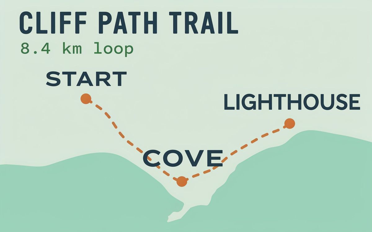 A flat sea-green trail map titled CLIFF PATH TRAIL with an 8.4 km loop subtitle, a dashed orange coastal route linking three dots, and START, COVE, and LIGHTHOUSE labels
