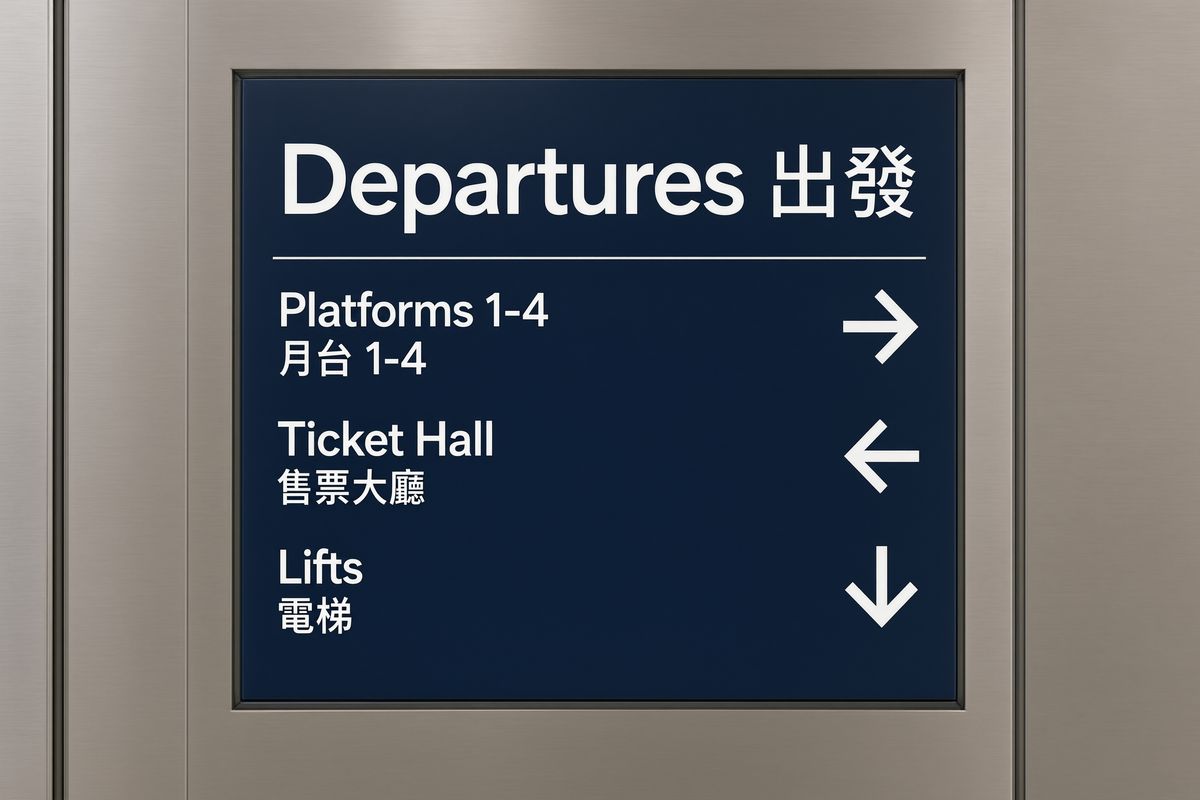 A navy transit sign reading Departures 出發 above rows for Platforms 1-4 月台 1-4, Ticket Hall 售票大廳, and Lifts 電梯 with directional arrows