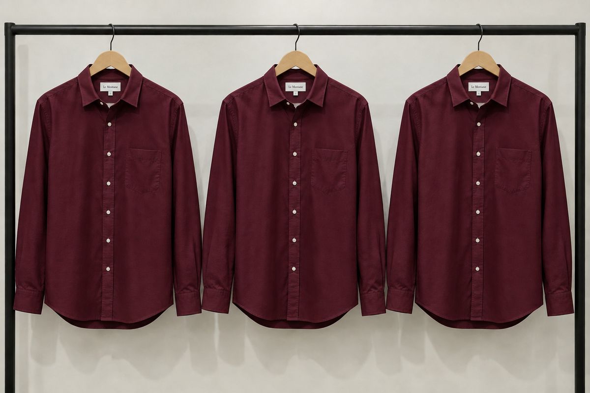The three shirts with the middle one changed to deep burgundy, the wall inside the masked rectangle unchanged and the neighbouring shirts still pale blue