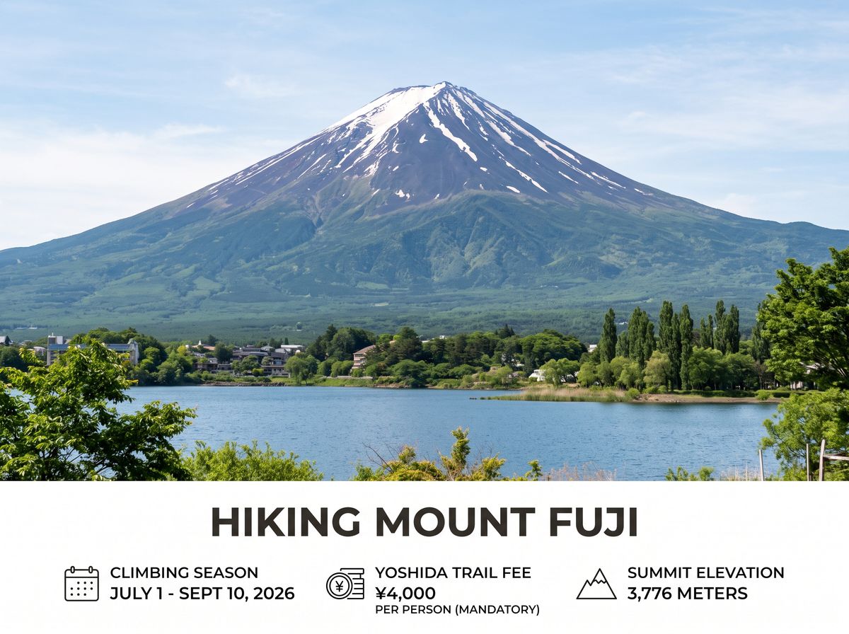 A travel information card with a photograph of a snow-streaked Mount Fuji above Lake Kawaguchi and a lakeside town, over a white strip titled HIKING MOUNT FUJI that lists CLIMBING SEASON JULY 1 - SEPT 10, 2026, YOSHIDA TRAIL FEE ¥4,000 PER PERSON (MANDATORY), and SUMMIT ELEVATION 3,776 METERS, each with a small icon