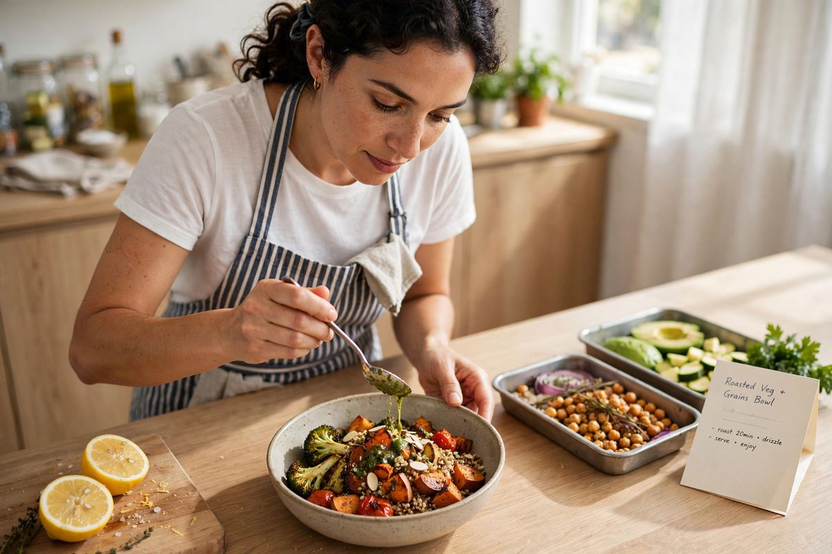 A woman in a striped apron spooning green dressing over a bowl of roasted vegetables and grains at a light oak kitchen counter, with two prepped ingredient trays and a recipe card to her right and a chopping board of lemon halves to her left