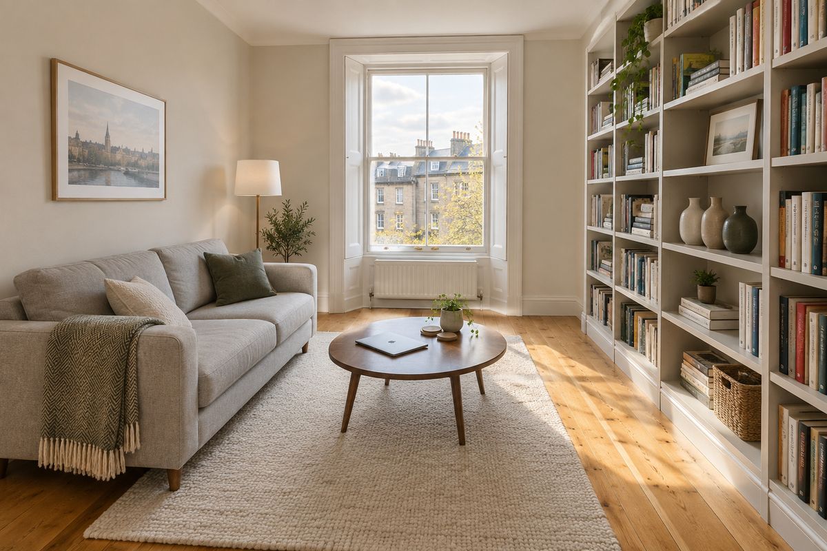 A one-bedroom apartment living room shot from a corner at chest height, a pale grey sofa with a folded throw against the left wall, a round walnut coffee table with a closed laptop on a cream rug, and a tall bookshelf on the right, lit by late afternoon light from a sash window
