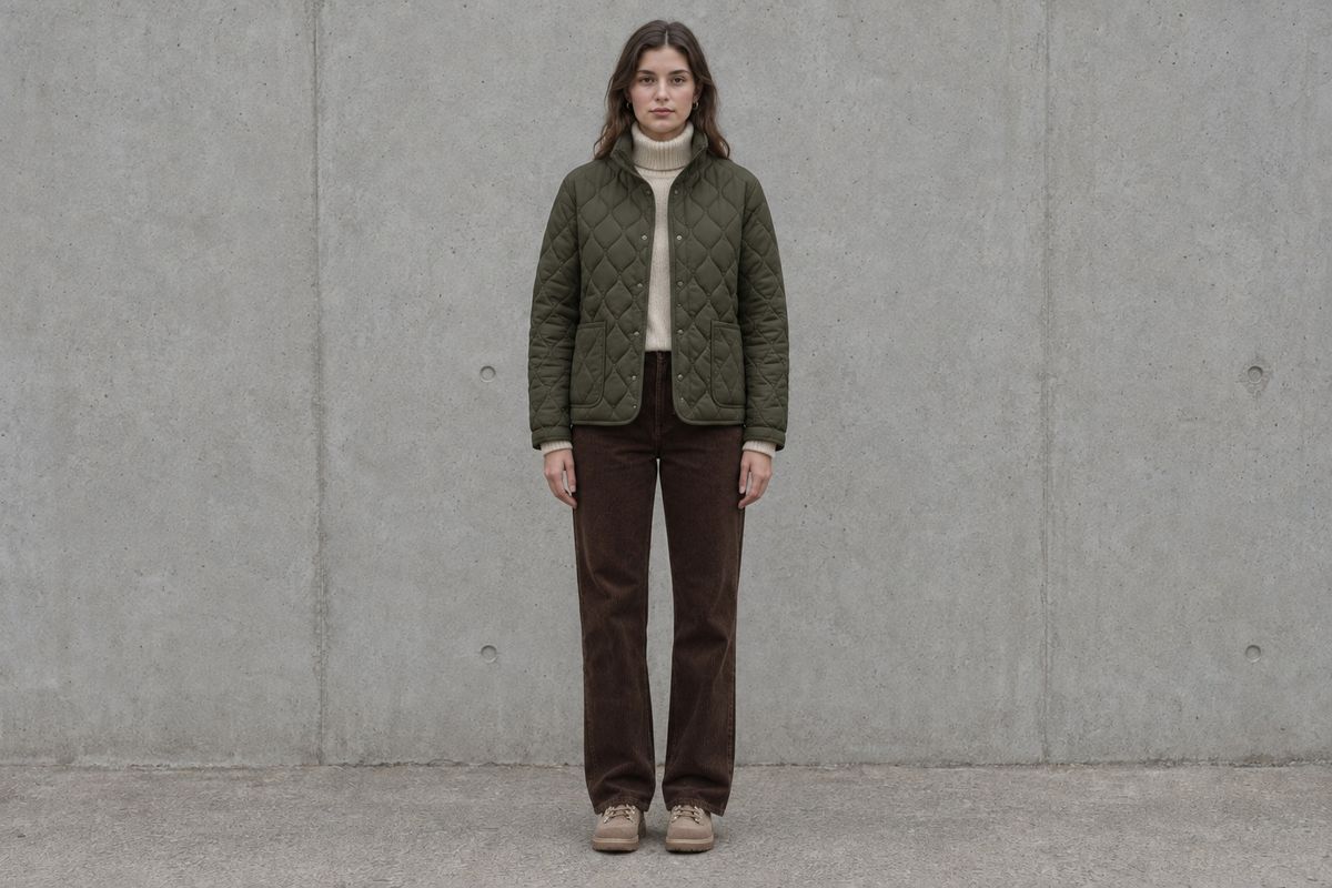 The same woman against the same wall in a darker olive quilted jacket with a stand collar, a cream wool turtleneck, brown corduroy trousers and tan suede lace-up shoes, her pose and the framing unchanged