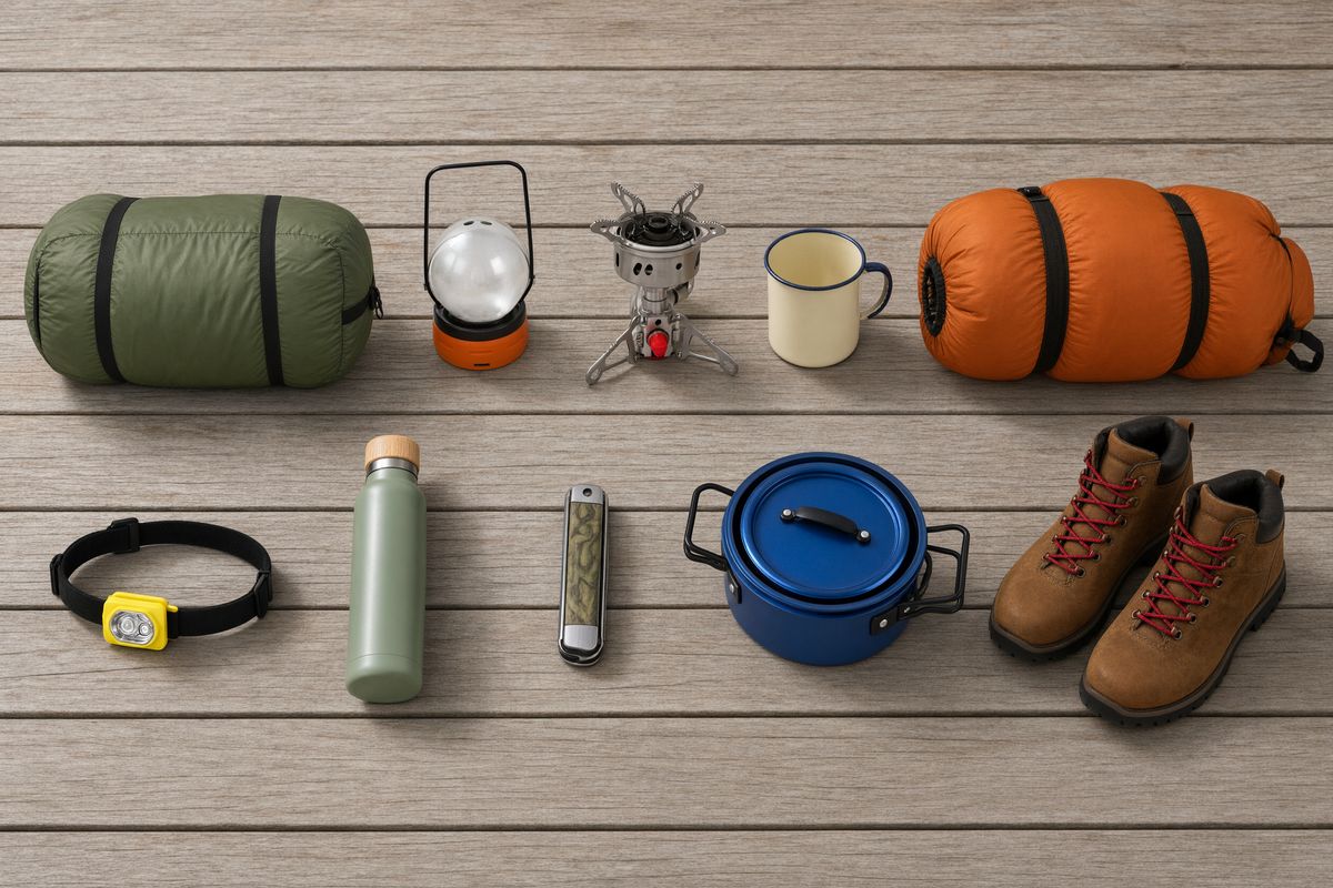 An overhead flat-lay of ten camping products in two rows of five on pale wood decking: a green tent bag, an orange-based lantern, a steel stove, a cream enamel mug, and an orange sleeping bag above a yellow headlamp, a sage bottle, a closed pocket knife, a blue cook pot, and brown hiking boots