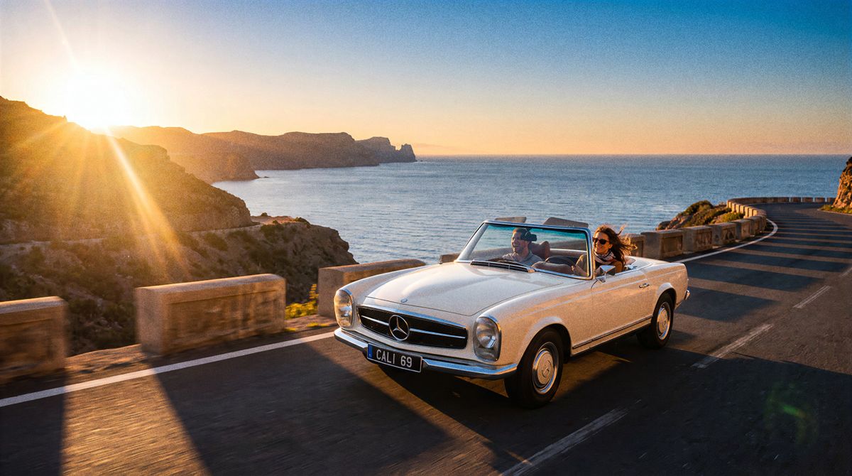 The same shot with a fine film grain across the sky and car, more photographic
