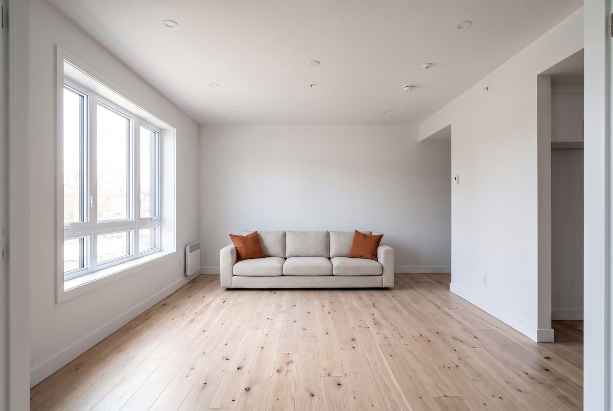 The same room with an oatmeal linen three-seat sofa and two rust orange cushions against the back wall