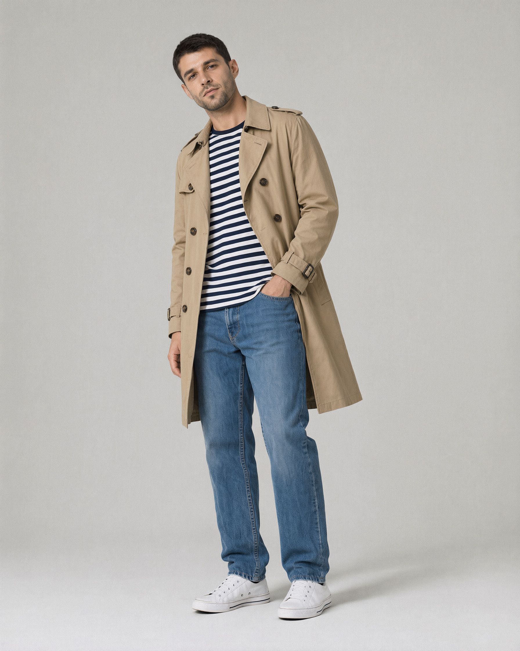 The same man with an open tan trench coat over the striped top