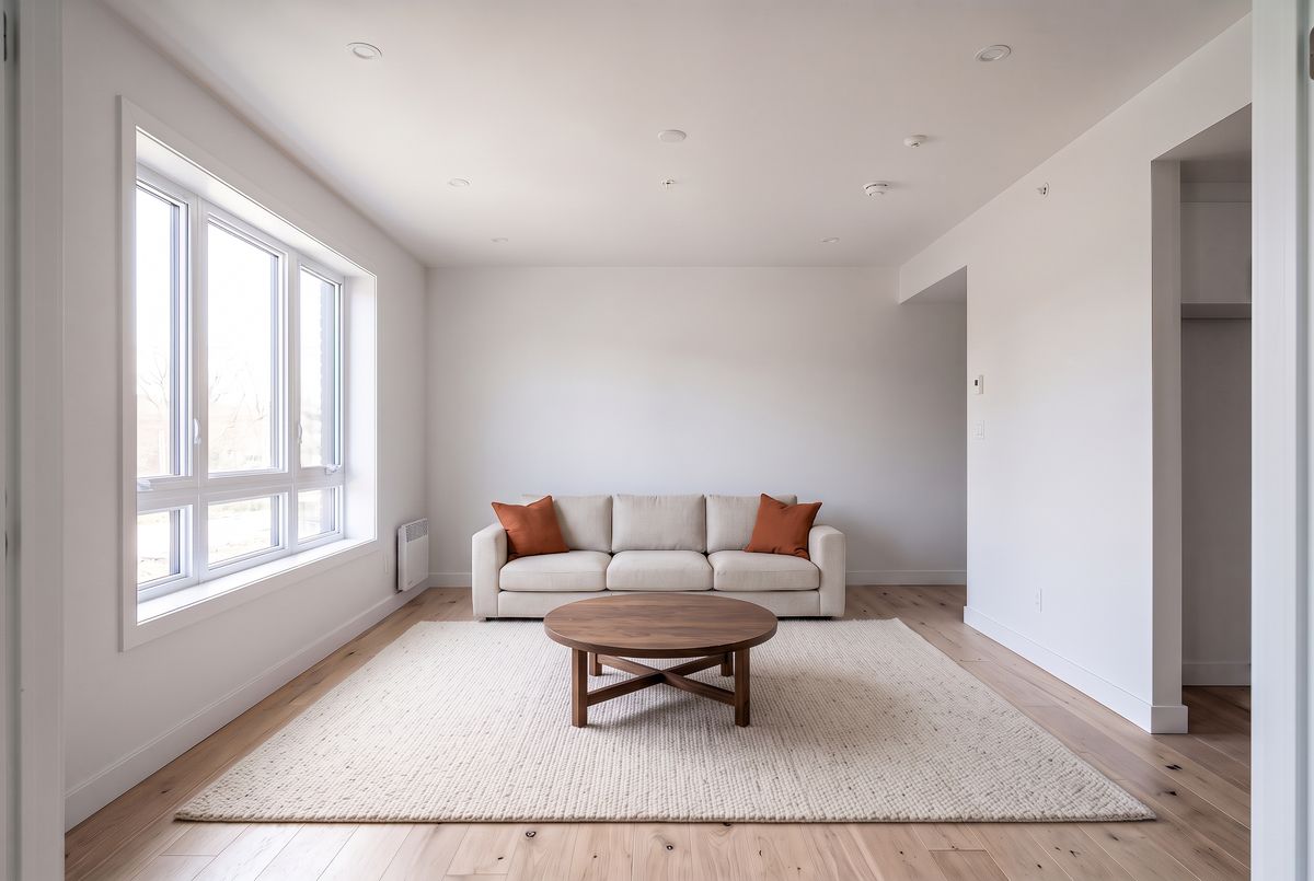The same room and sofa with a round walnut coffee table and a cream wool rug in front of it