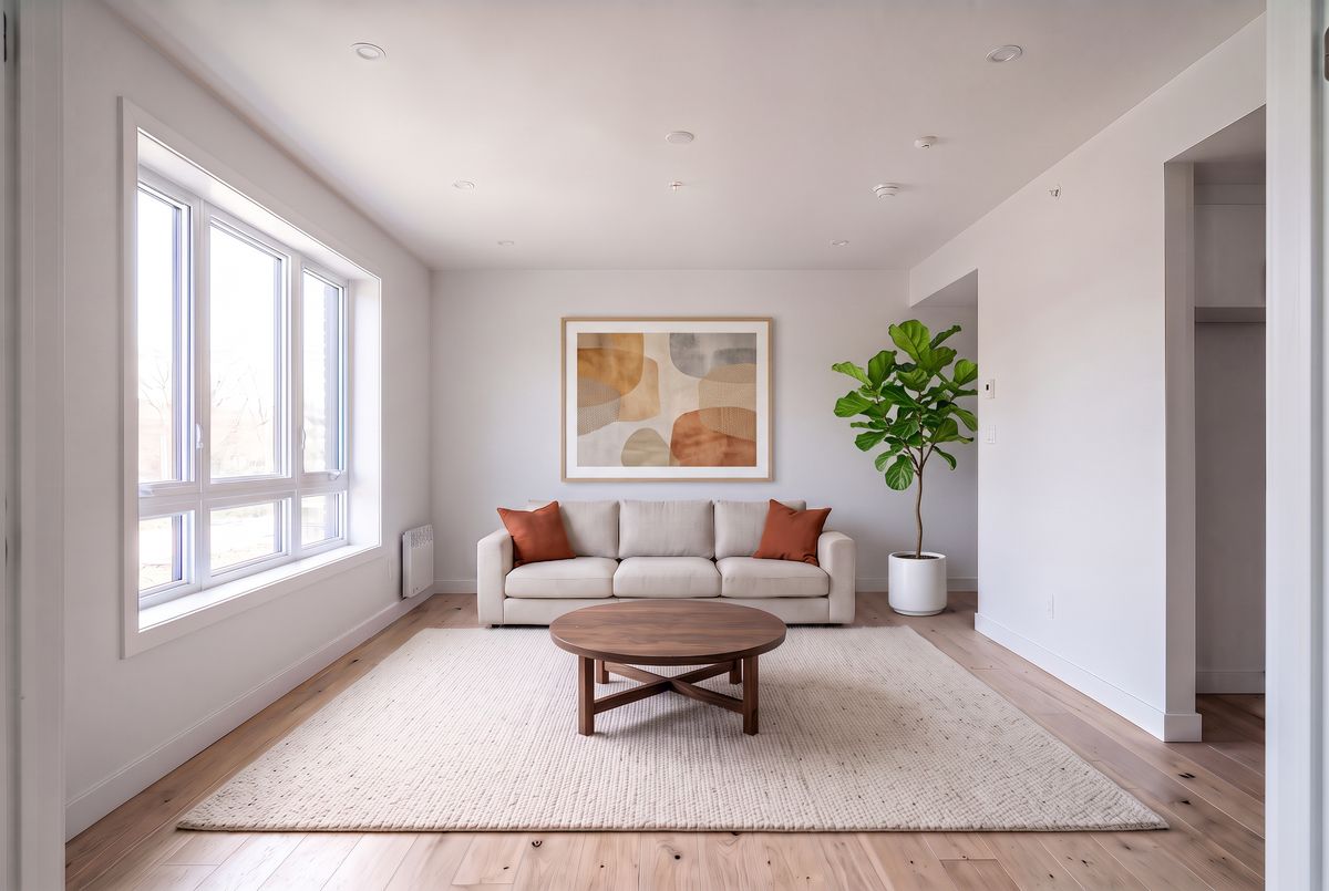The same furnished room with a large framed abstract print above the sofa and a fiddle-leaf fig in a white pot in the right corner