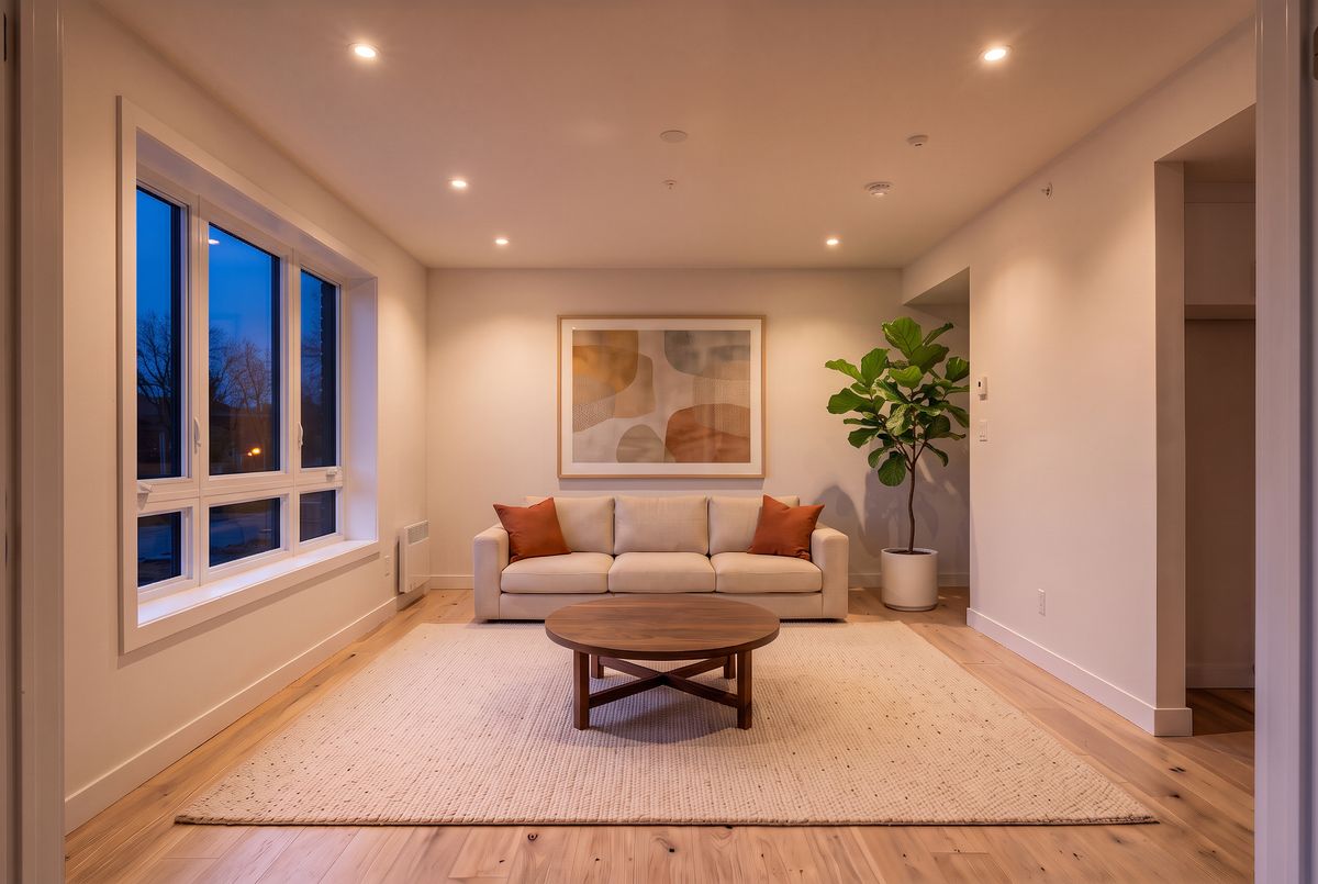 The same furnished room at dusk, with deep blue light outside the window and the recessed ceiling lights casting a warm glow
