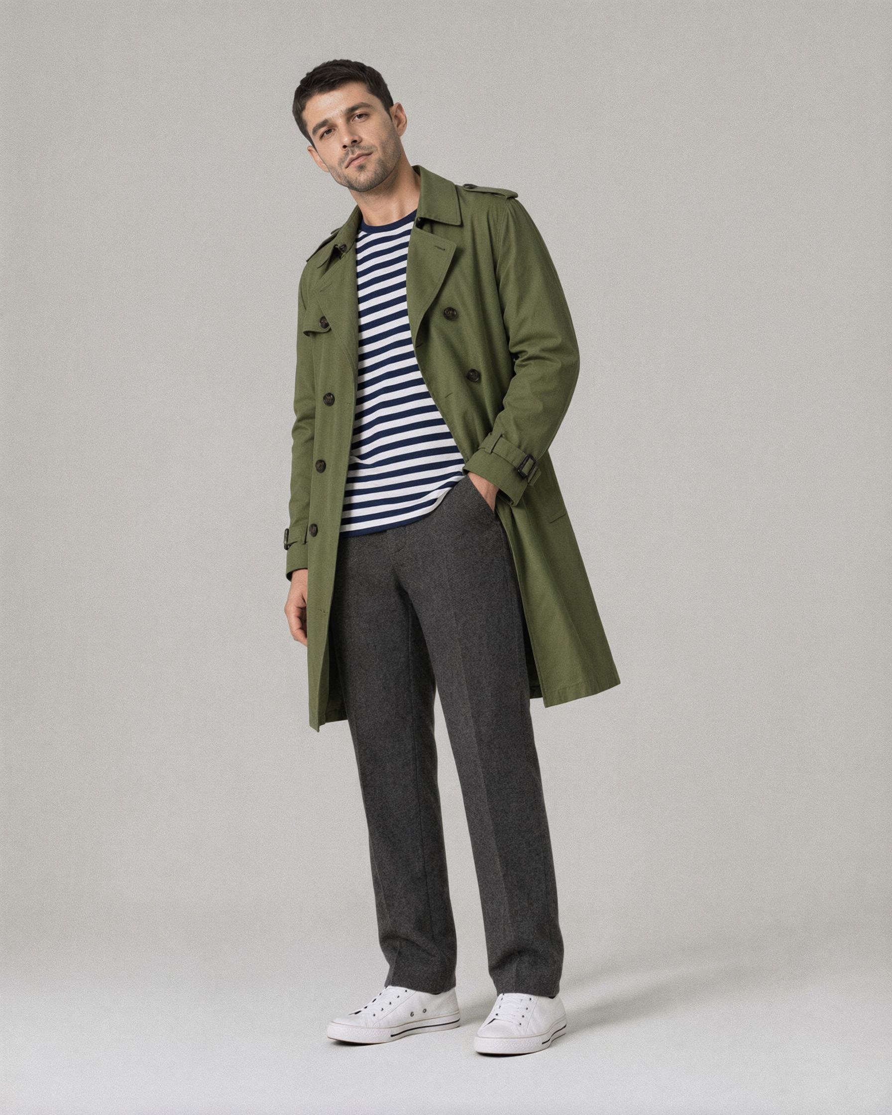 The same man with charcoal wool trousers in place of the jeans