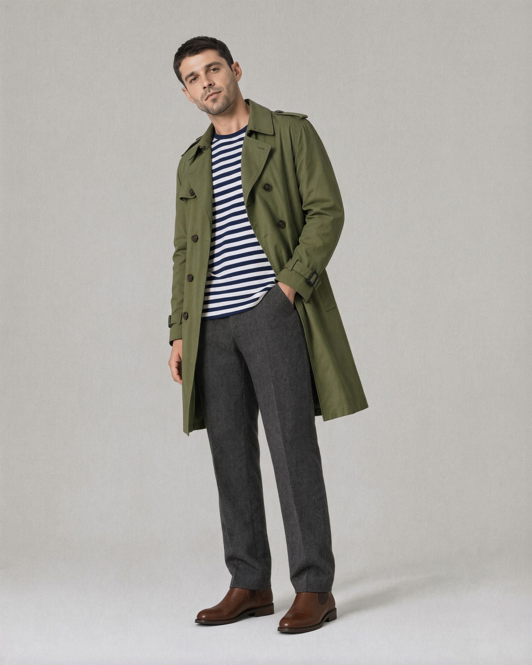 The same man with brown leather ankle boots in place of the sneakers