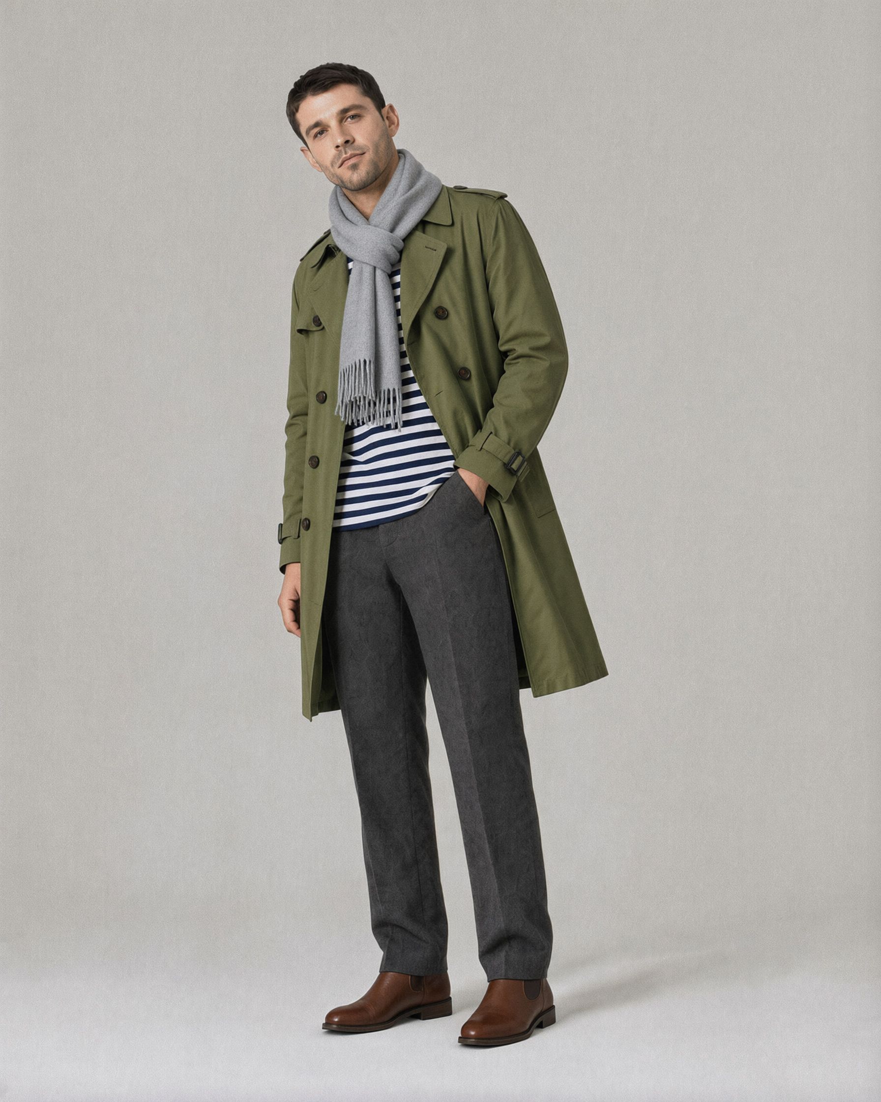 The same man with a light gray wool scarf looped around his neck