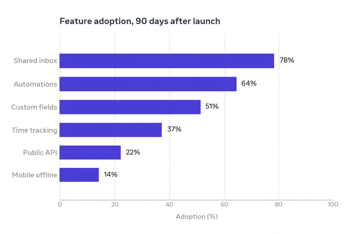 A horizontal bar chart on a white background titled Feature adoption, 90 days after launch, with six indigo bars for shared inbox, automations, custom fields, time tracking, public API and mobile offline, each ending in a printed percentage against gridlines every 20 percent