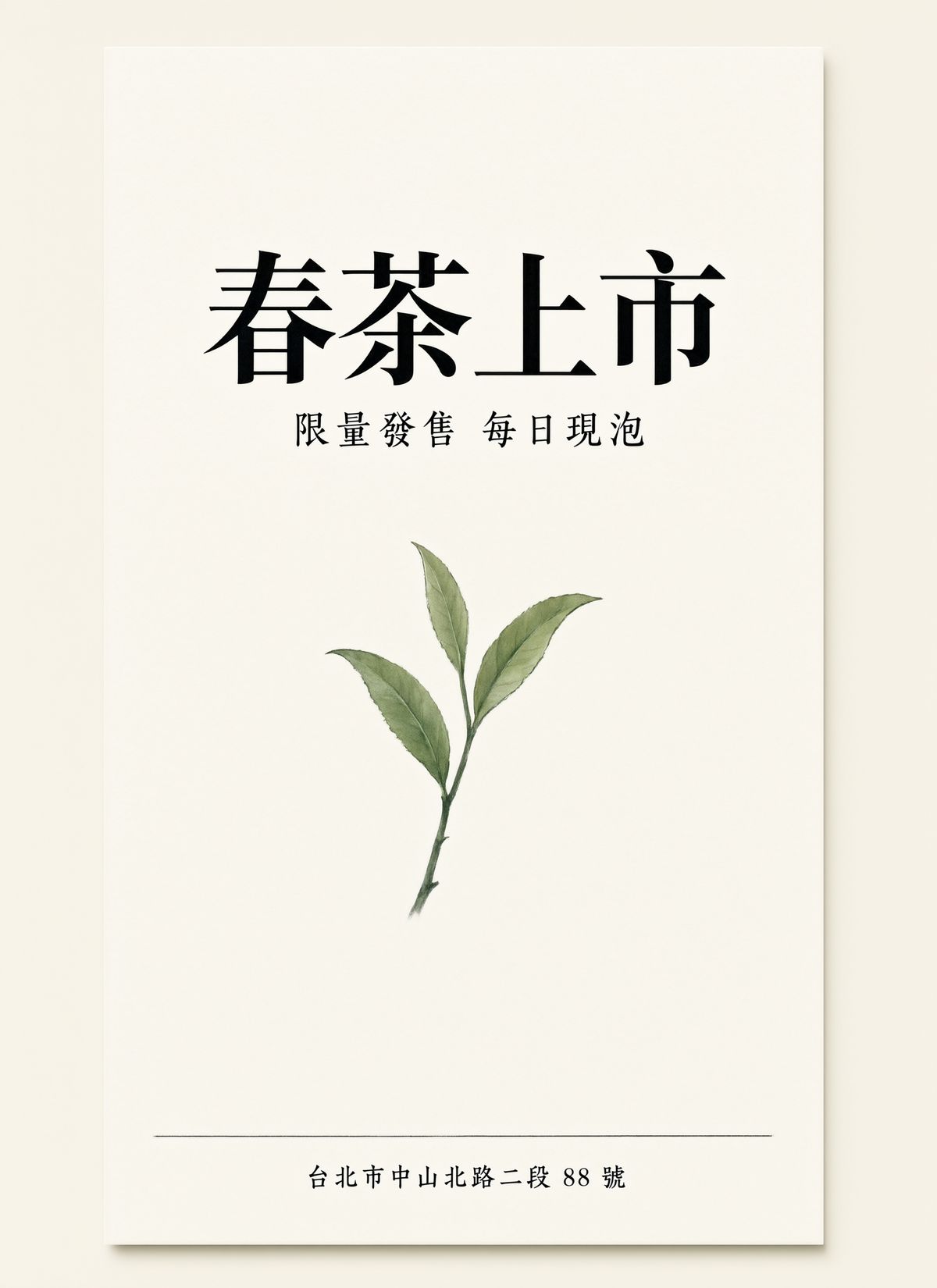 A cream tea shop poster with large Chinese characters reading 春茶上市 above 限量發售 每日現泡, an ink-wash tea branch, and an address line at the bottom