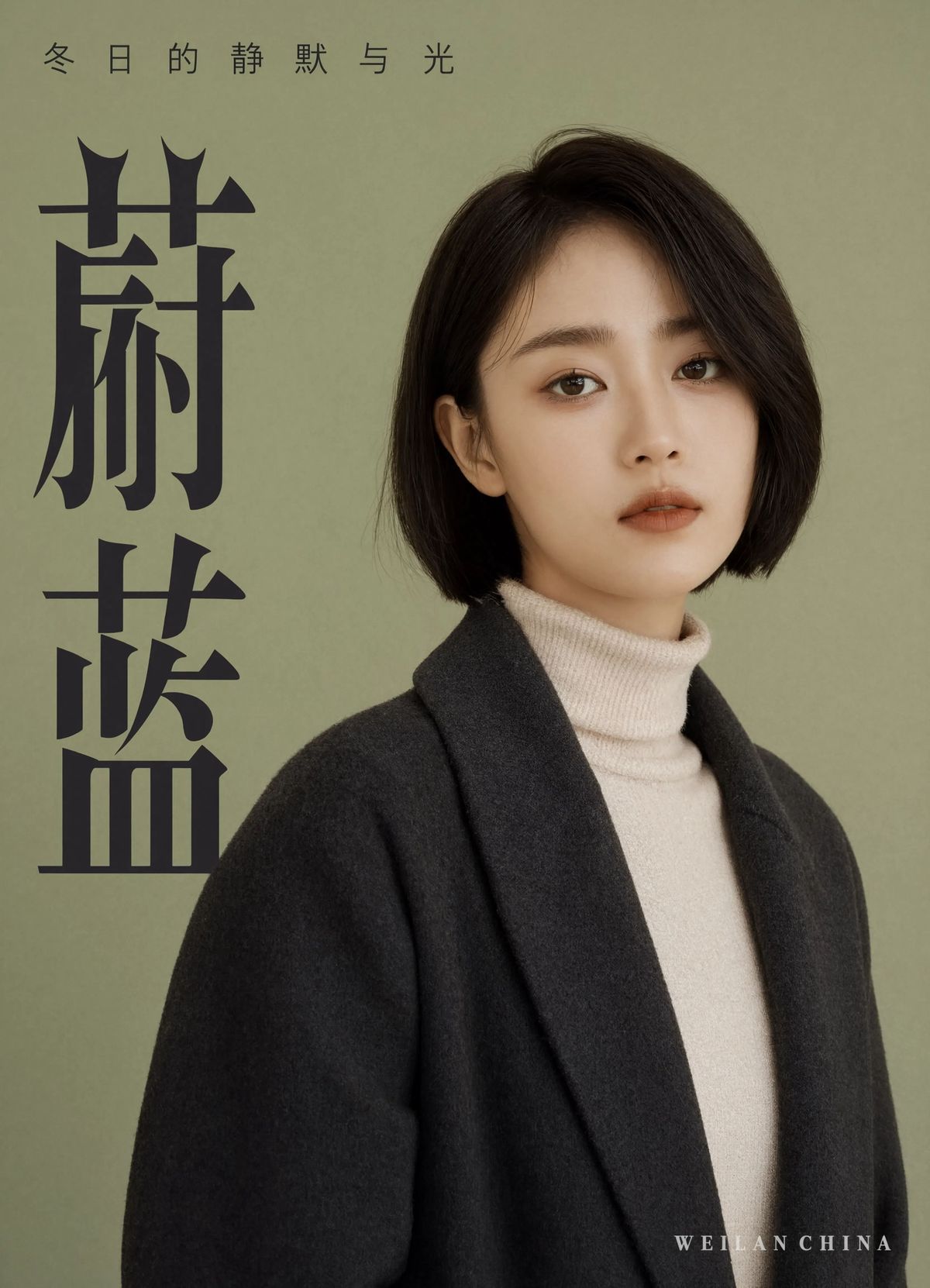 A Simplified Chinese fashion magazine cover with a female East Asian model in a charcoal wool coat against a soft sage-green backdrop, with the vertical masthead 蔚蓝 in tall song serif running down the left side, a horizontal cover line 冬日的静默与光 across the top, and a small WEILAN CHINA tag in the lower right