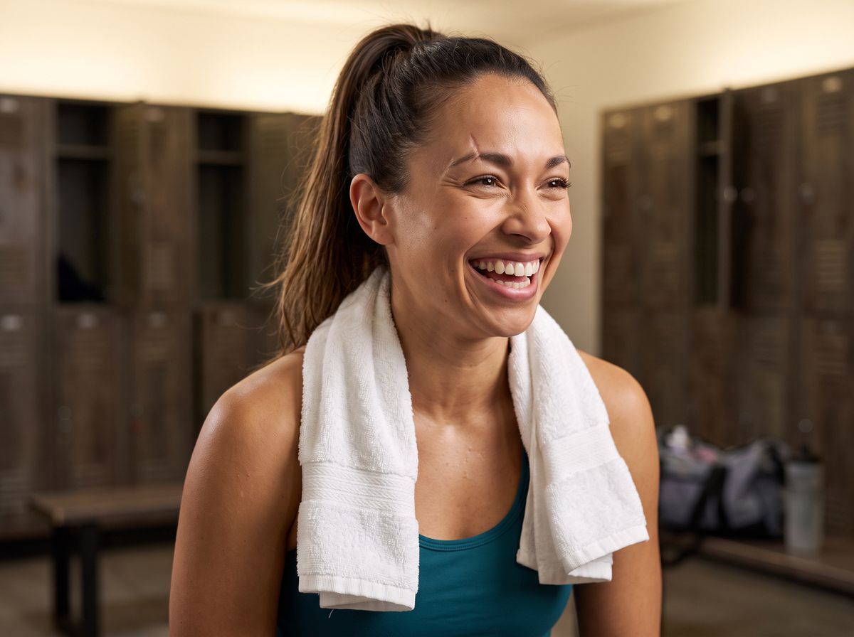 A close-up of the same woman laughing with her head turned to the right and a white towel around her neck, in a warmly lit locker room