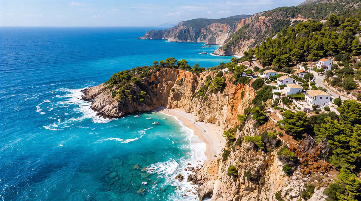 The same coastline, sharp, with defined foliage, rock texture, and crisp breaking surf