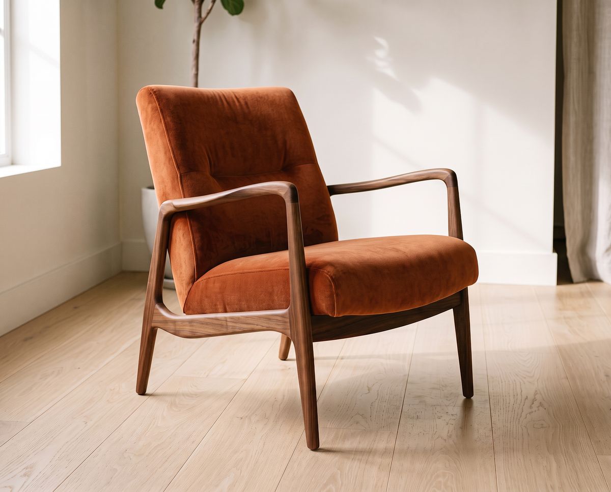 The same armchair at the same angle with rust orange velvet upholstery, the walnut frame, floor, and shadow unchanged