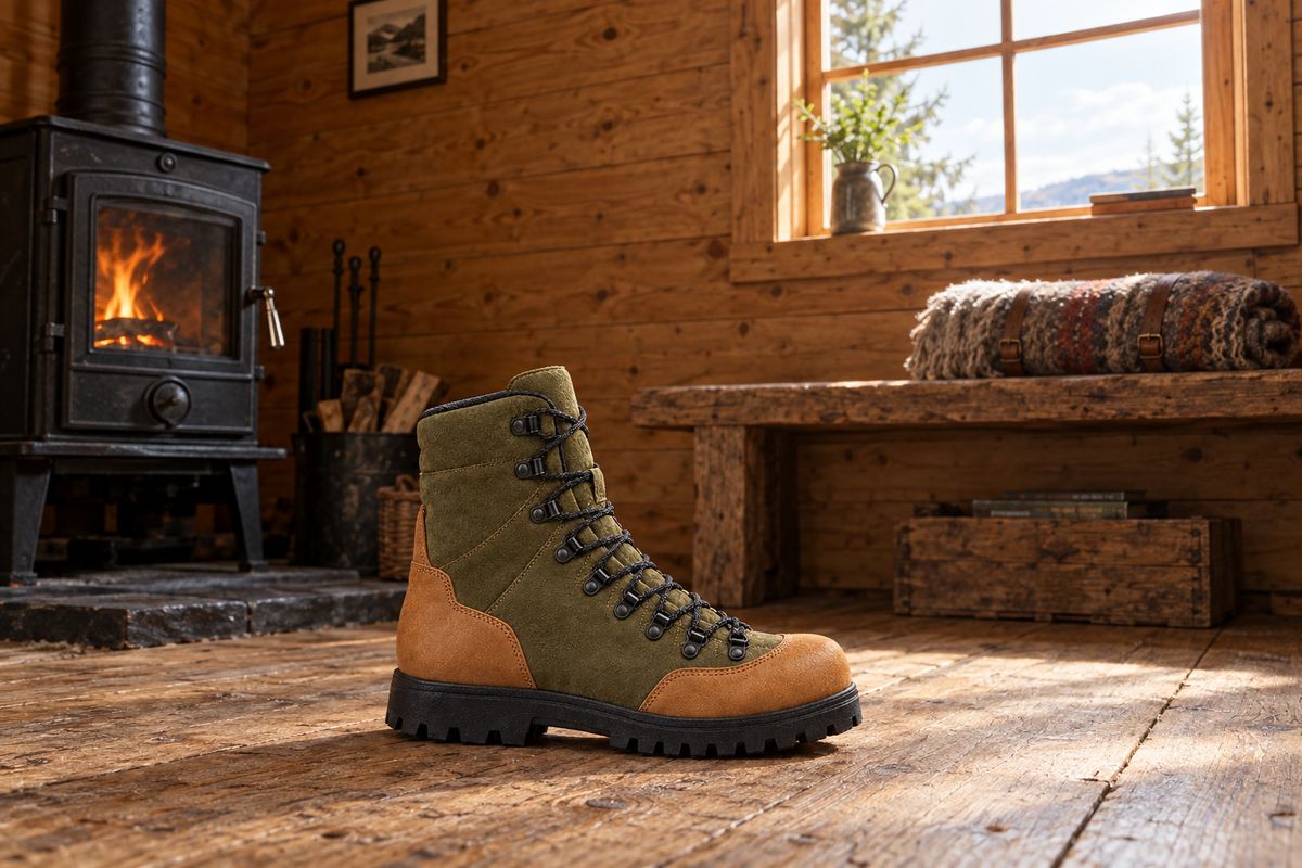 The olive and tan hiking boot standing on the floorboards of a timber cabin beside a wood burner, with a rolled wool blanket on a bench behind it